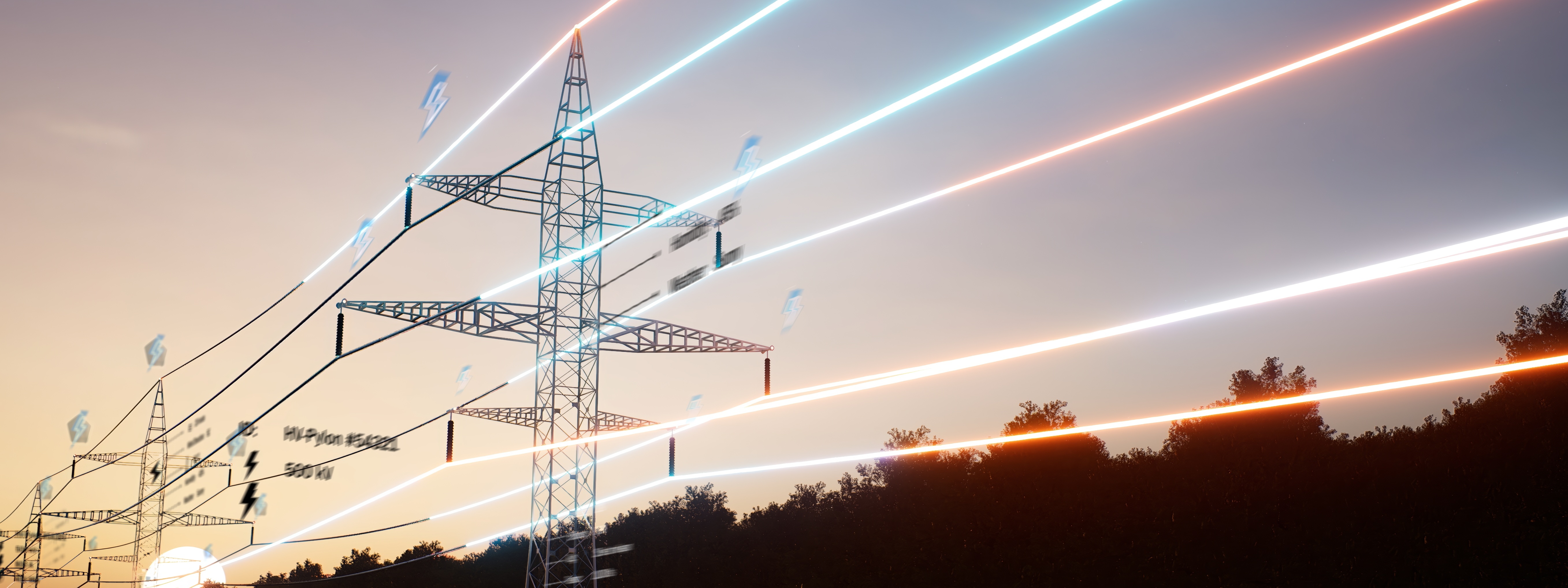 wizualizacja strumienia energii przeplywajacego przez powietrzne linie przesylowe elektryczne przy zachodzie slonca